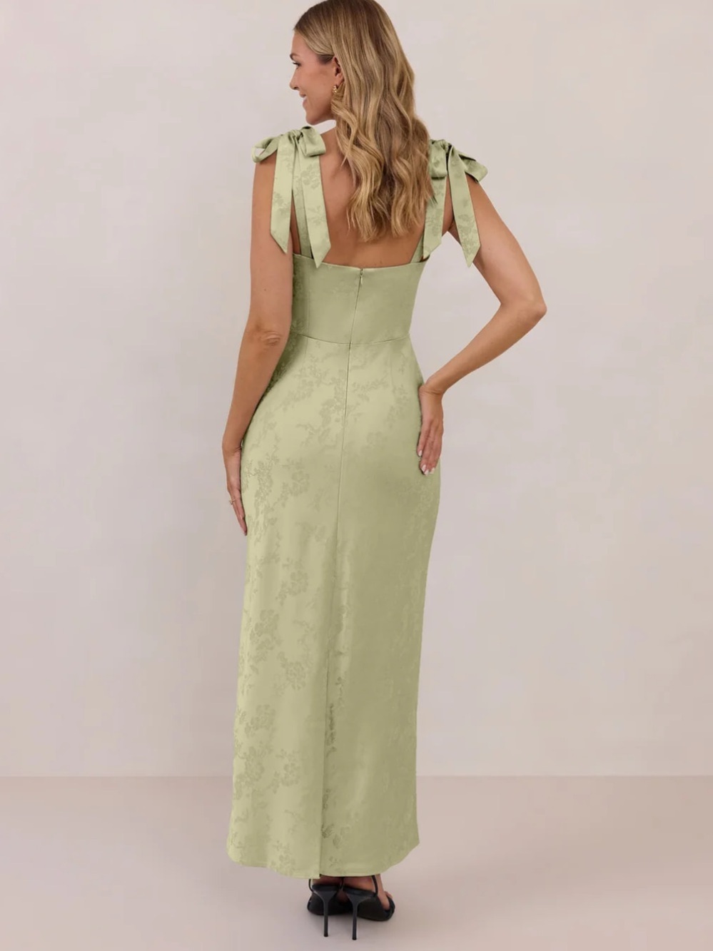 NEVER WORN Satin Tie-Shoulder Maxi Dress in Pistachio Jacquard